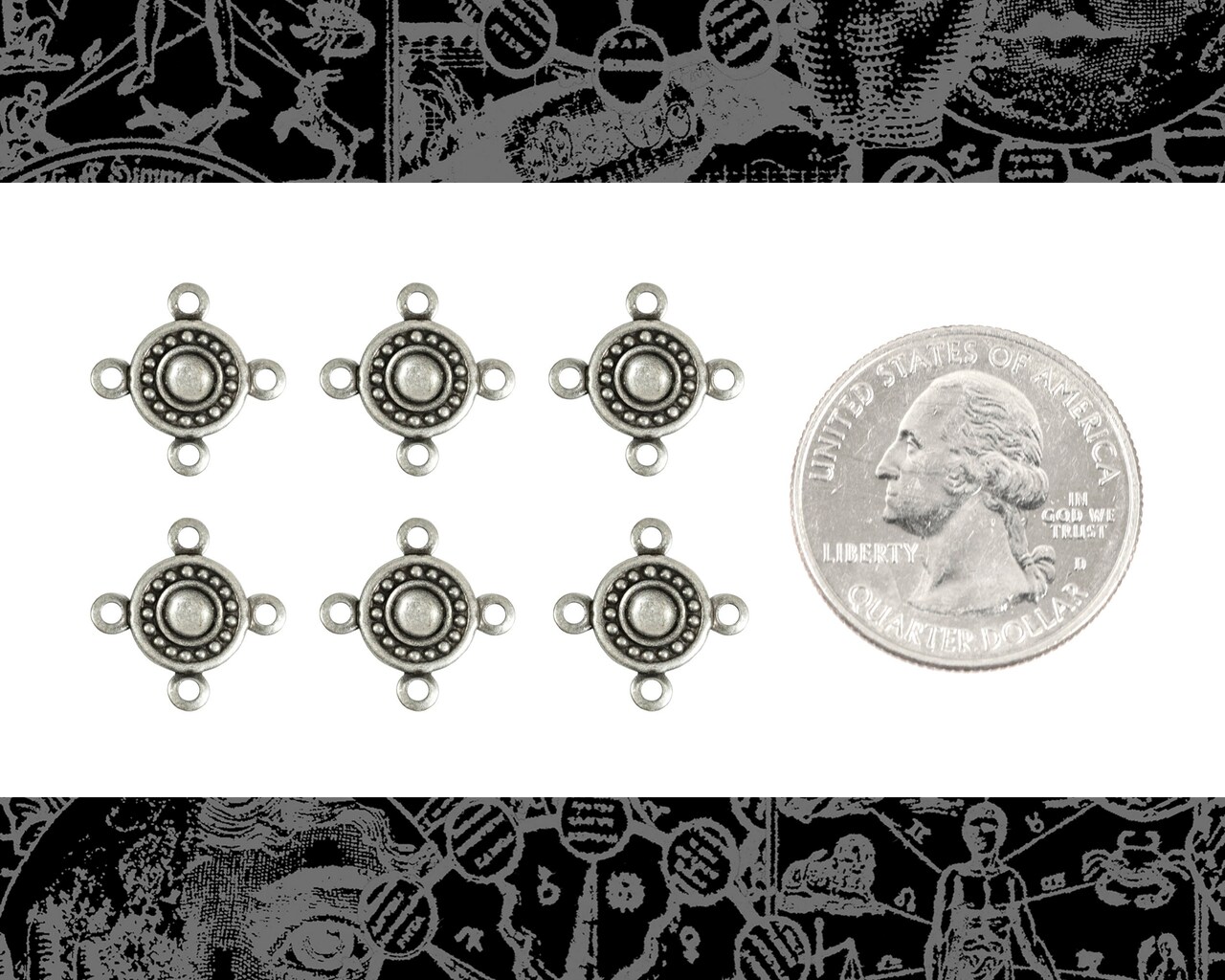 Antiqued Silver Plated Brass Button Four Ring Connectors - Set of Six - S-4C11